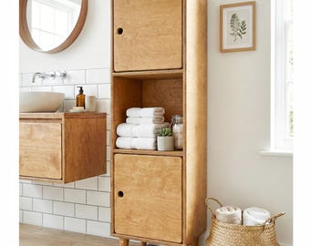 Plywood High Cabinet with Doors, Mid-Century Modern Storage Unit, Bathroom or Hallway Cabinet