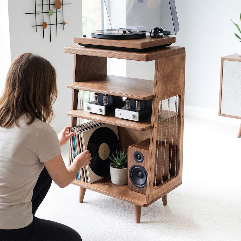 May include: A wooden record player stand with four tapered legs, featuring a top shelf for a turntable, a middle shelf holding two silver and black audio amplifiers, and a bottom shelf containing vinyl records, a small potted succulent, and a speaker.