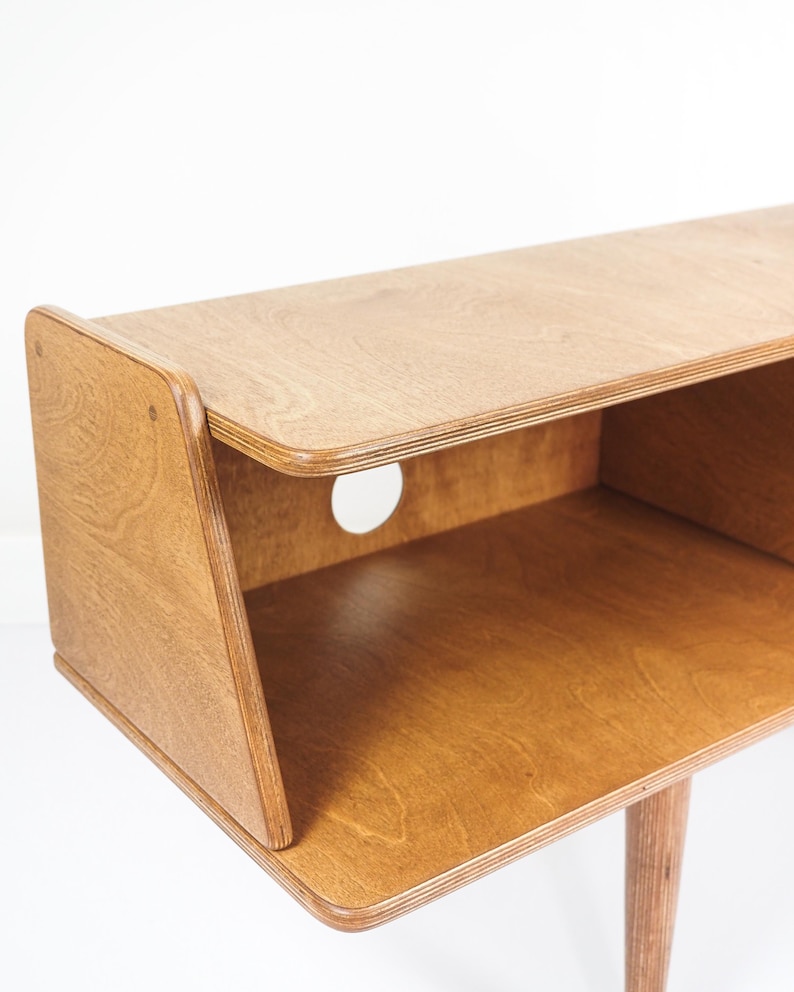 Meuble TV moderne Mid-Century, console multimédia rétro, système de divertissement en bois massif, support pour platine vinyle image 9