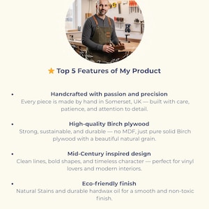 May include: An infographic titled Top 5 Features of My Product featuring a circular photograph of a woodworker in a workshop. The text lists five points: Handcrafted with passion and precision, High-quality Birch plywood, Mid-Century inspired design, Eco-friendly finish, and Made to order and fully customisable.