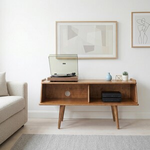 Meuble TV moderne Mid-Century, console multimédia rétro, système de divertissement en bois massif, support pour platine vinyle image 16
