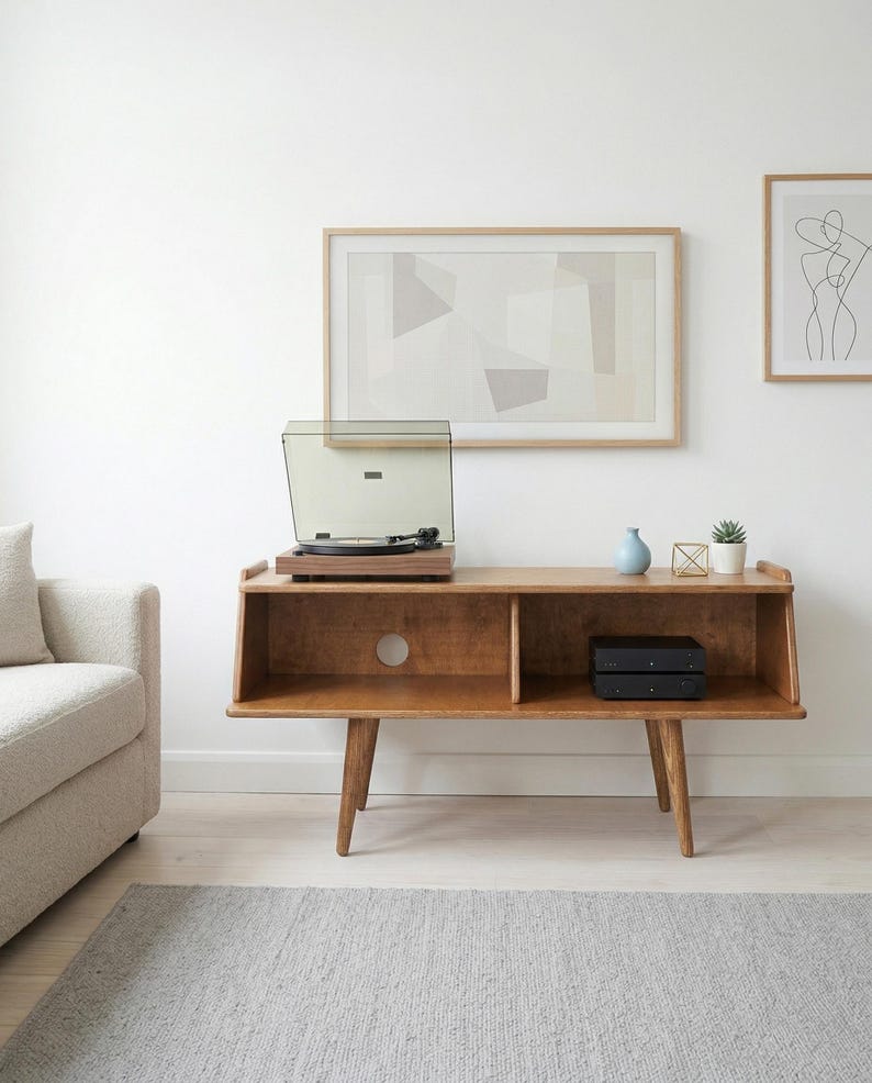 Meuble TV moderne Mid-Century, console multimédia rétro, système de divertissement en bois massif, support pour platine vinyle image 16