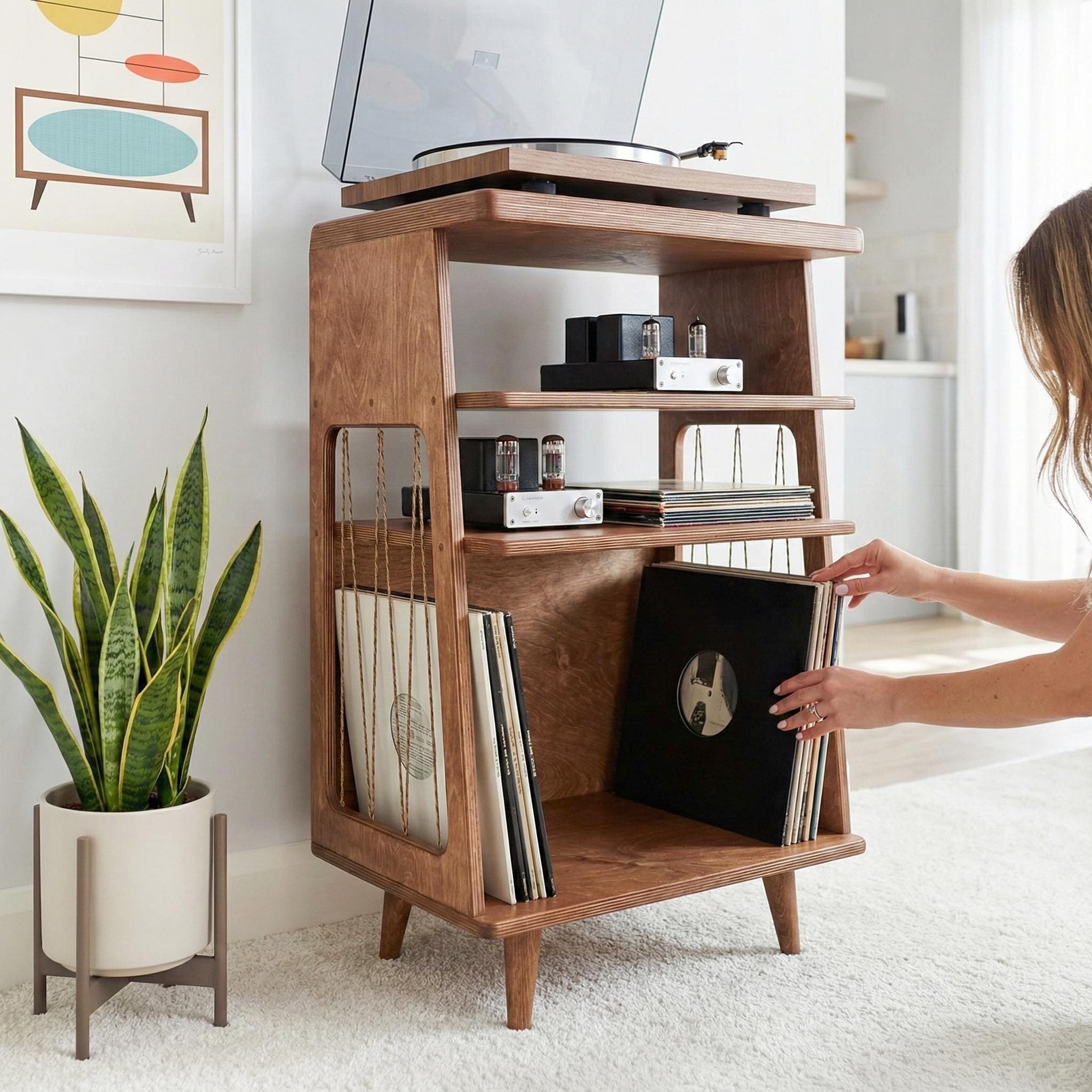 Mid Century Modern Record Player Table, Vinyl Records Storage
