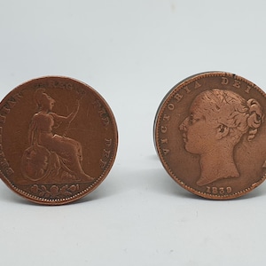 Historical 1839 Victorian Copper farthing coin Cufflinks, military remembrance, Queen Victoria Farthing cufflinks