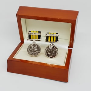 May include: Two silver medals with yellow and black ribbons displayed in a wooden box. The medals feature a profile of a woman on one side and a group of people on the other.