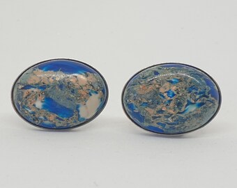 Grands boutons de manchette ovales de luxe en jaspe océan bleu foncé indonésien, pierre semi-précieuse