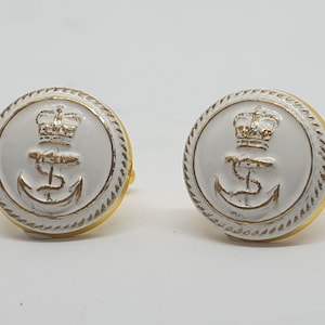 Historical Queen Elizabeth II, Royal Navy Officers&#39; white & gilt button cufflinks, military remembrance