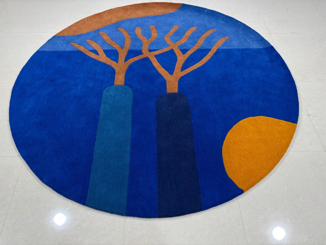 Tree Design Rugs Blue Round Wool Rug – Abstract Tree Design, Hand-tufted Carpet - Etsy