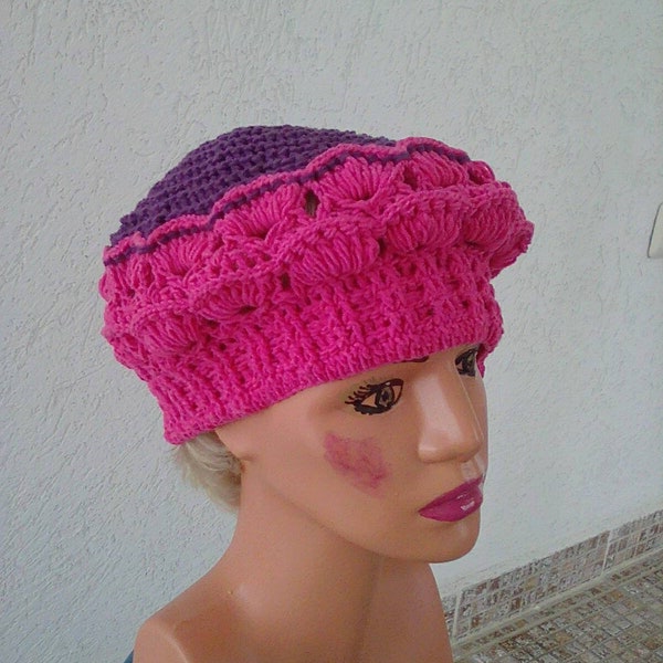 Bonnet tricoté béret crochet femmes coton couleur rose, béret bonnet crochet tricoté pourrait été, accessoires rose tricoté pourrait été.