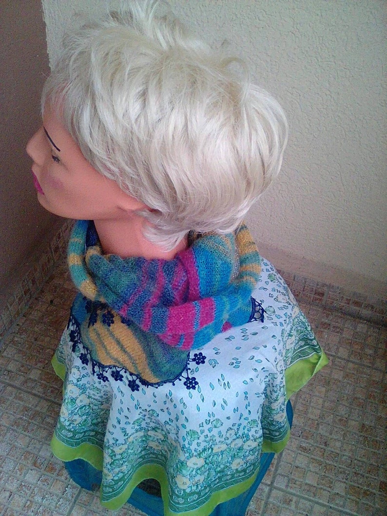Knitted scarf,mohair,color,blue,lace accessory,hood,handkerchief.