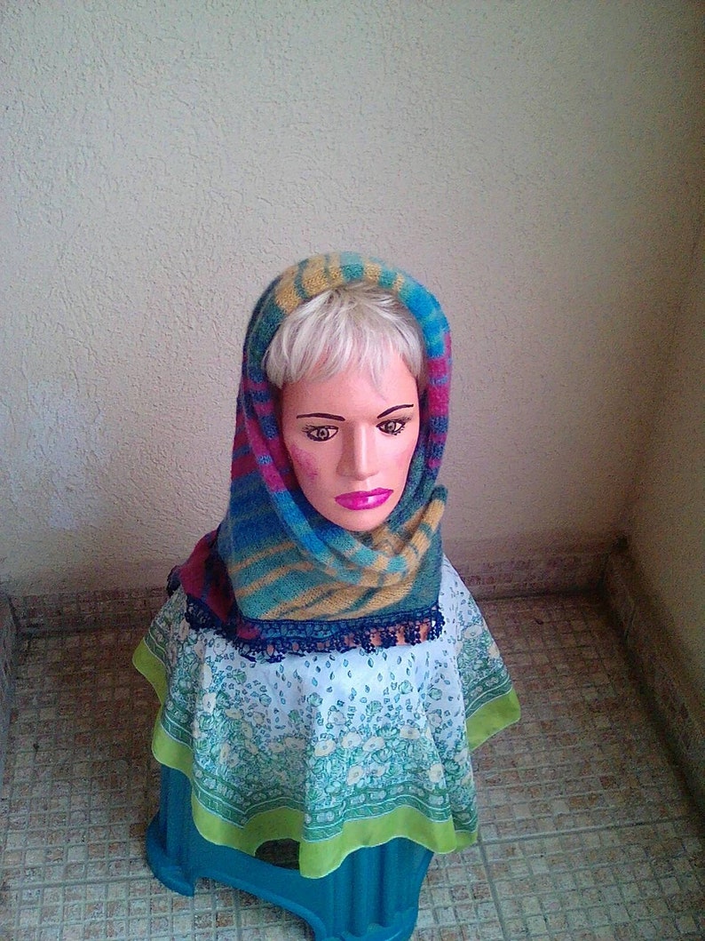 Knitted scarf,mohair,color,blue,lace accessory,hood,handkerchief.