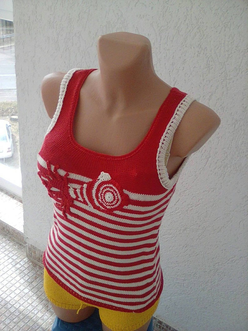 Knitted Sweater vest clothing summer. stripes color red print appligue fish cotton sweater vest sleeveless sweater