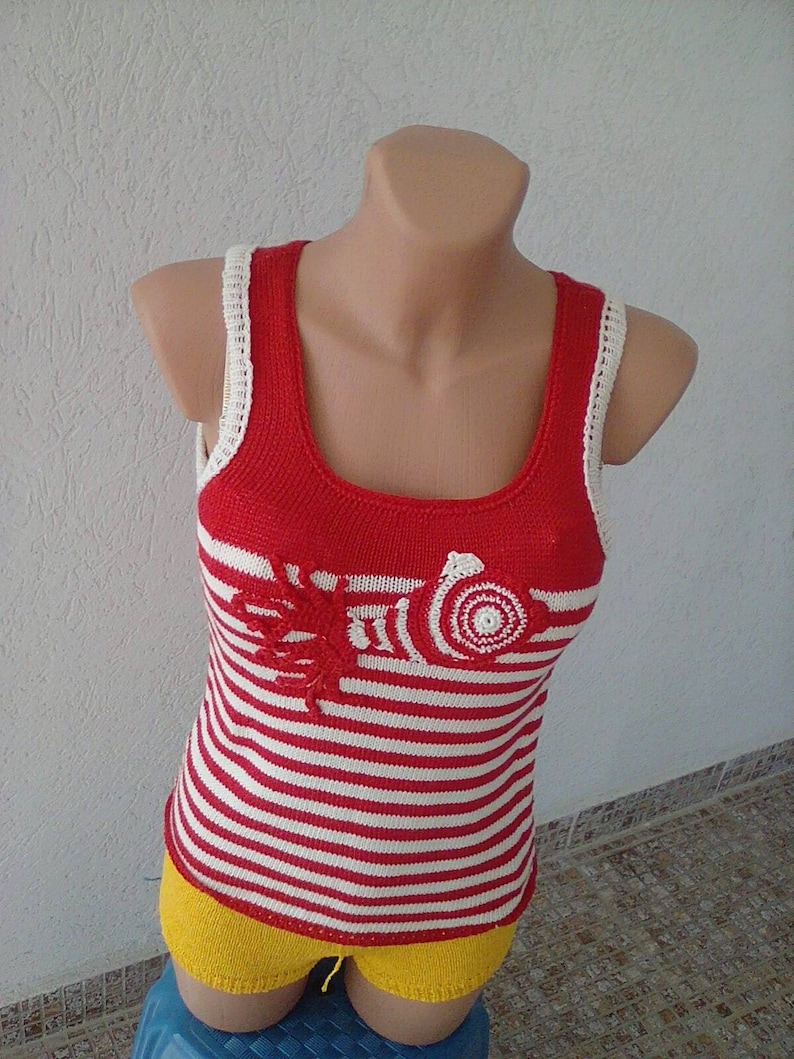 Knitted Sweater vest clothing summer. stripes color red print appligue fish cotton sweater vest sleeveless sweater