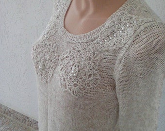 Knit linen summer sleeves 3/4 crochet print women top, knit linen crochet print summer pullover women.