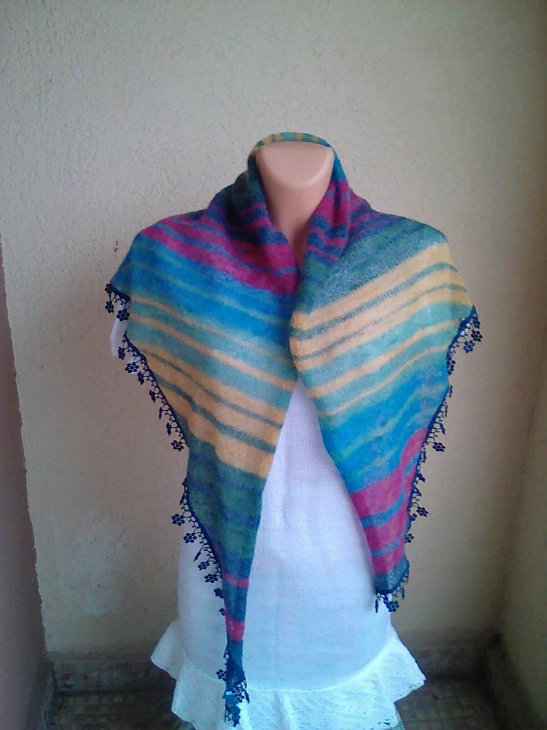 Knitted scarf,mohair,color,blue,lace accessory,hood,handkerchief.