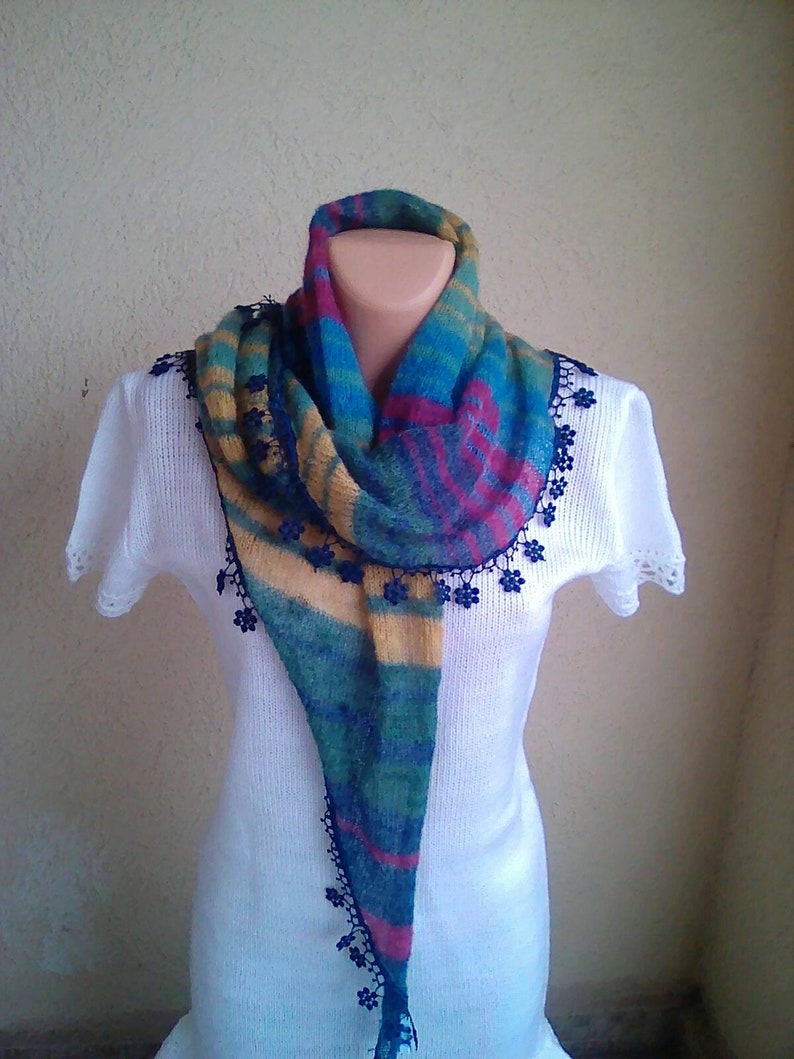 Knitted scarf,mohair,color,blue,lace accessory,hood,handkerchief.