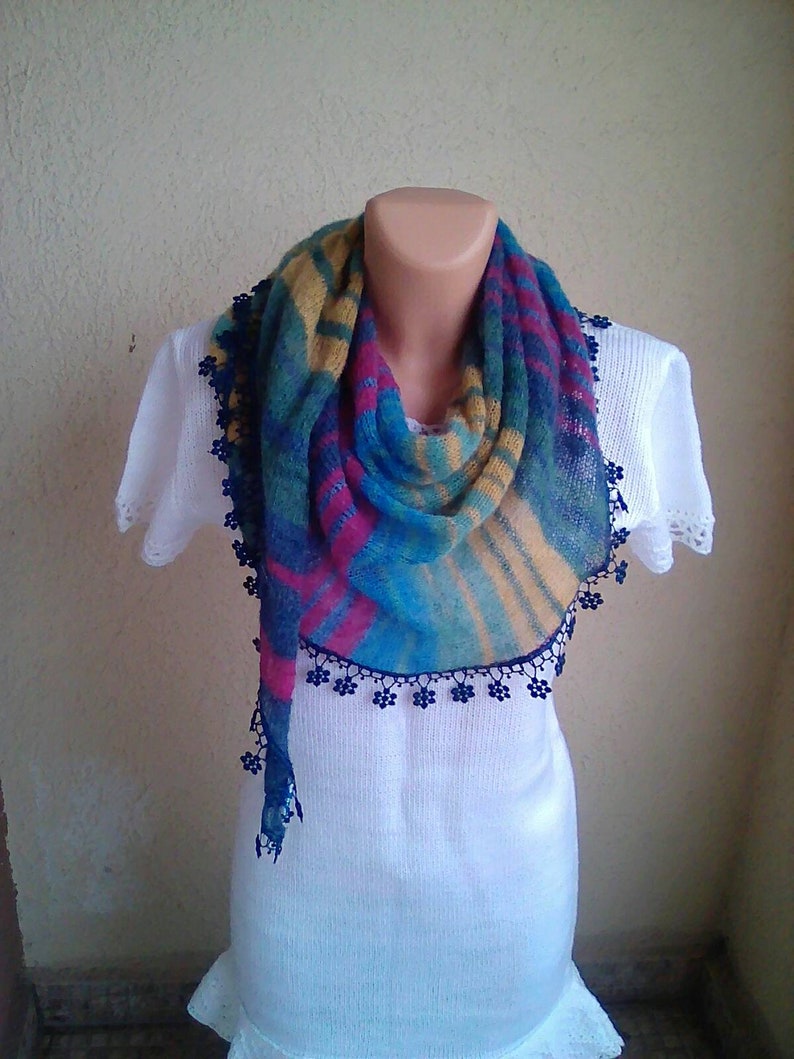 Knitted scarf,mohair,color,blue,lace accessory,hood,handkerchief.