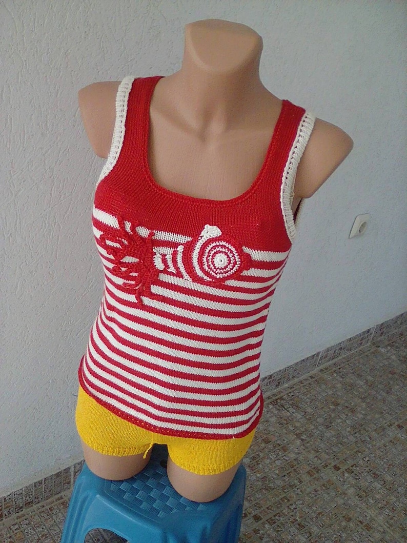 Knitted Sweater vest clothing summer. stripes color red print appligue fish cotton sweater vest sleeveless sweater
