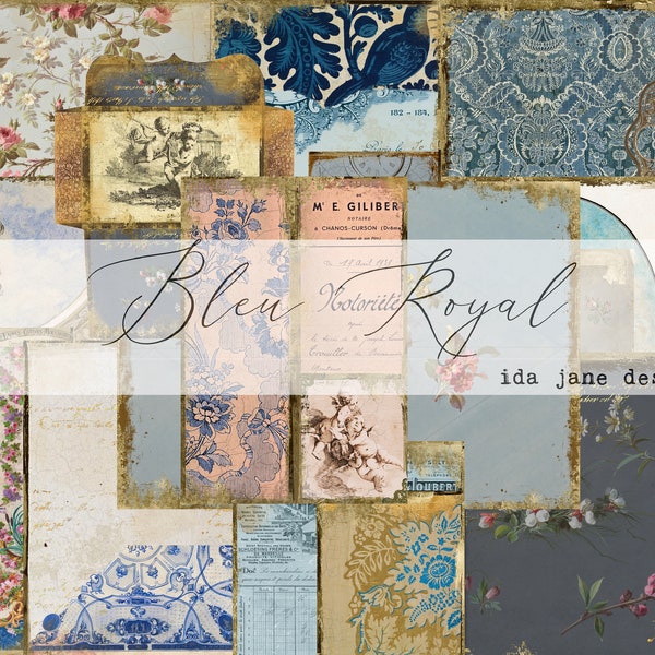 Bleu Royal Antique French theme, shabby printable papers for journals, scrapbooking, arts, creative projects and ephemera
