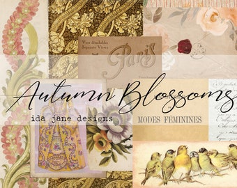Könnte beinhalten: Eine Collage aus Vintage-Bildern mit floralen Mustern, einem Damenkleid, Vögeln und Text in Französisch. Der Text lautet "Vues détachables Separate Views", "Paris", "Texte français", "MODES FÉMININES" und "Autumn Blossoms ida jane designs".