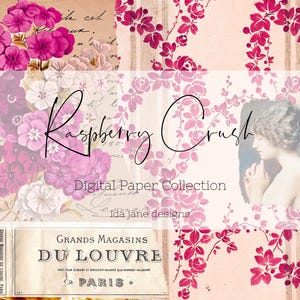 Puede incluir: Una colección de papel digital titulada "Raspberry Crush" con una estética vintage. El diseño presenta elementos florales en tonos rosa y magenta, con un anuncio vintage y un retrato de mujer. También se ve el texto "Digital Paper Collection" e "Ida Jane Designs".