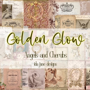 May include: A collage of vintage images featuring angels and cherubs. The images are in shades of cream, pink, and gold. The text "Golden Glow Angels and Cherubs ida jane designs" is in the center of the collage.