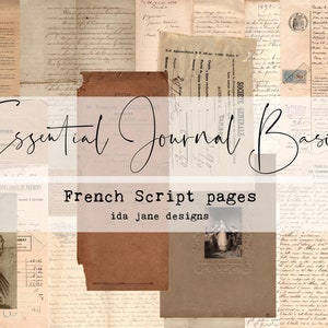 May include: A collage of vintage French script pages in various shades of brown and cream. The pages are torn and aged, giving them a rustic and antique look. The text is in French and includes the words "Essential Journal Bases 2" and "French Script pages".