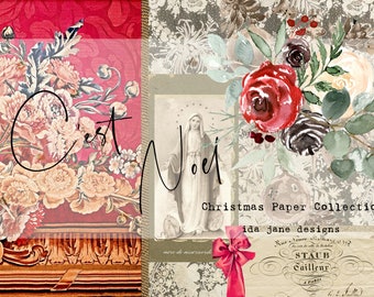 May include: A digital collage featuring a vintage floral pattern, a religious image of Mary, a watercolor painting of red roses, and a vintage label with the text "C'est Noel Christmas Paper Collection ida jane designs".
