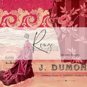 May include: A vintage advertisement for J. Dumont, a drapery company founded in 1880. The ad features a woman in a red dress, a floral pattern, and the text "Rouge Draperie".