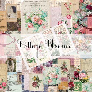 May include: A vintage-style collage featuring floral and botanical illustrations, aged paper textures, and handwritten script. The design includes the text "Cottage Blooms." The colour palette is composed of soft pinks, greens, and creams.