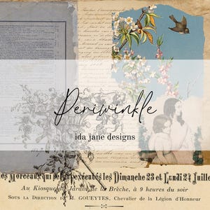 Pode incluir: Uma colagem vintage com ilustrações florais e de pássaros, escrita manuscrita e texto em francês. A palavra "Periwinkle" está escrita em itálico, com "ida jane designs" abaixo.