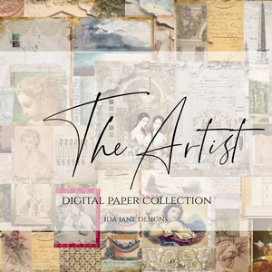 May include: A collage of vintage-style digital papers featuring images of women, flowers, and architectural details. The text "The Artist" and "Digital Paper Collection" is displayed in the center of the image.  Ida Jane Designs is also included in the image.