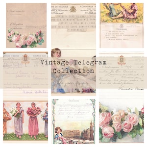 May include: A collage of vintage telegrams with handwritten messages and floral illustrations. The telegrams are in various colors, including white, cream, and light blue. The floral illustrations feature pink roses and other flowers.
