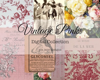 以下が含まれることがあります： 「Vintage Pinks」と題されたデジタルコラージュ。様々なヴィンテージ要素が特徴です。デザインには、フローラルパターン、古い広告、時代衣装の女性のイラストが含まれており、すべてピンクと赤の色合いです。