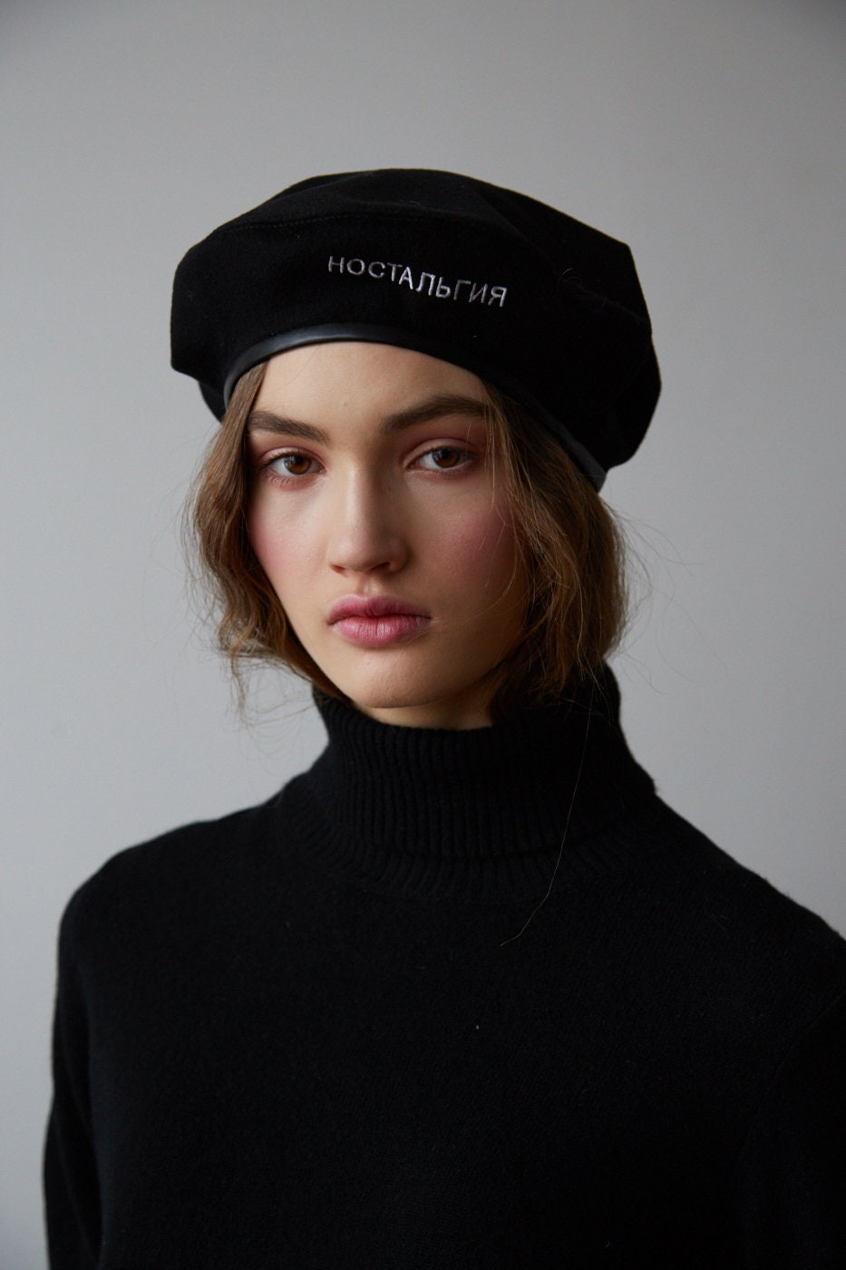Black Cashmere Beret With Text Embroidery and Faux Leather Etsy