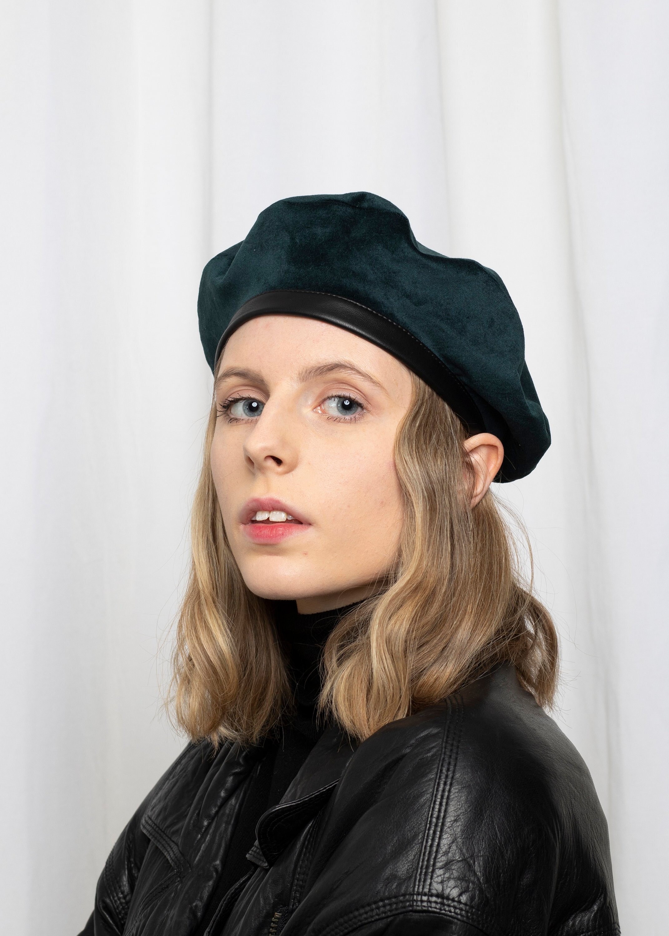 Black leather beret, military hat, beret hats for women, aesthetic hat