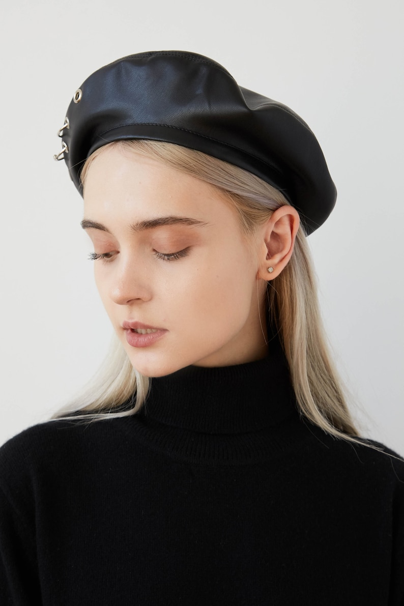 Black leather beret military beret french beret hat. Etsy