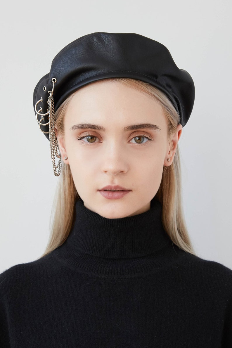 Beret Black Leather 90s Clothing Aesthetic Hat Beret Hats Etsy