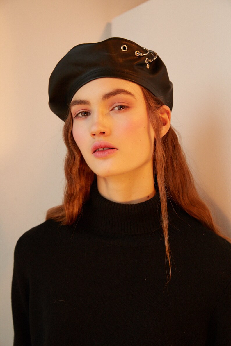 Black leather beret, military hat, beret hats for women, aesthetic hat