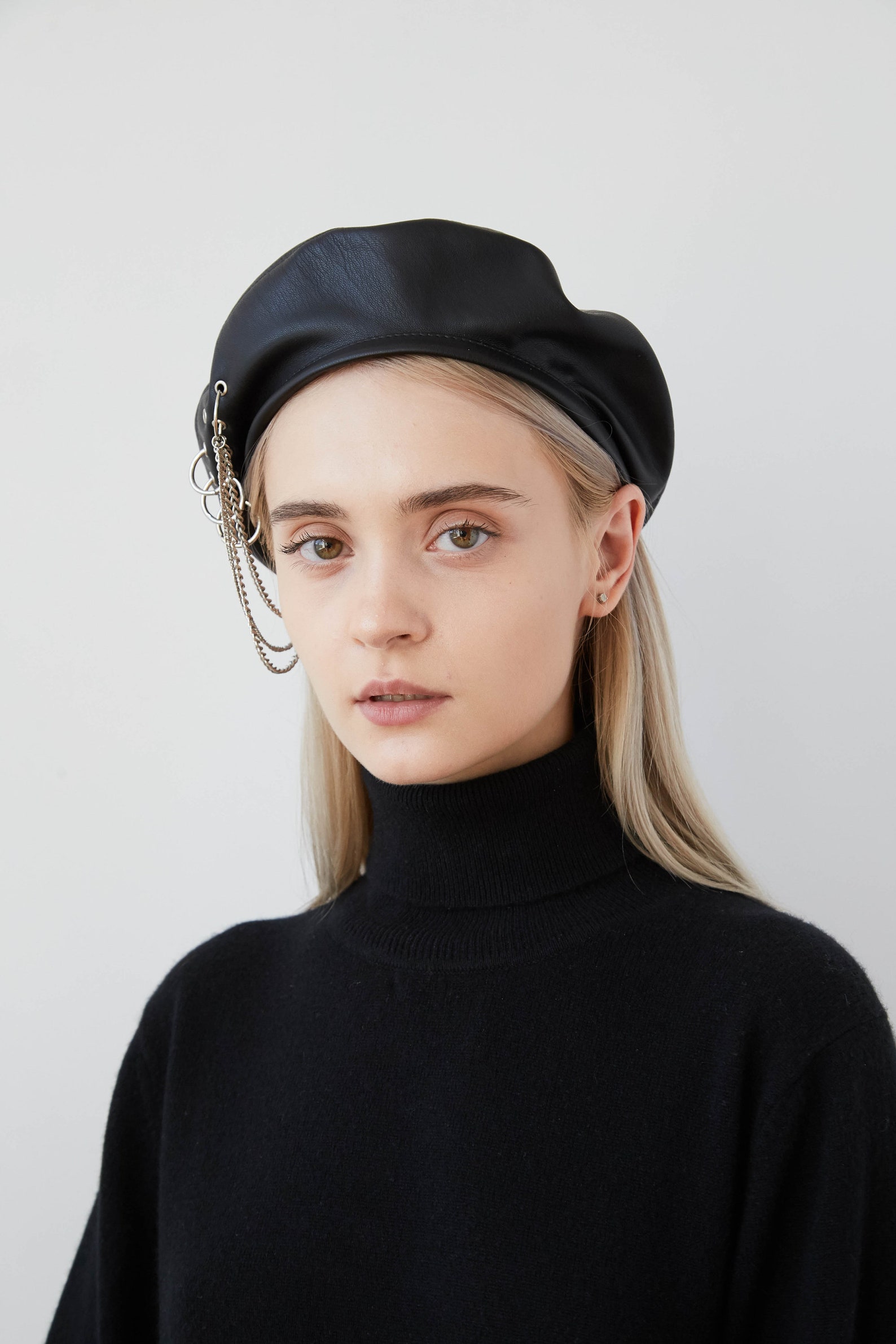 Black Cashmere/leather Beret With Piercings and Chains Edgy Etsy