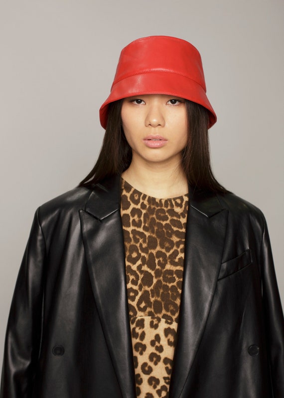 Red Leather Unisex Bucket Hat - Etsy