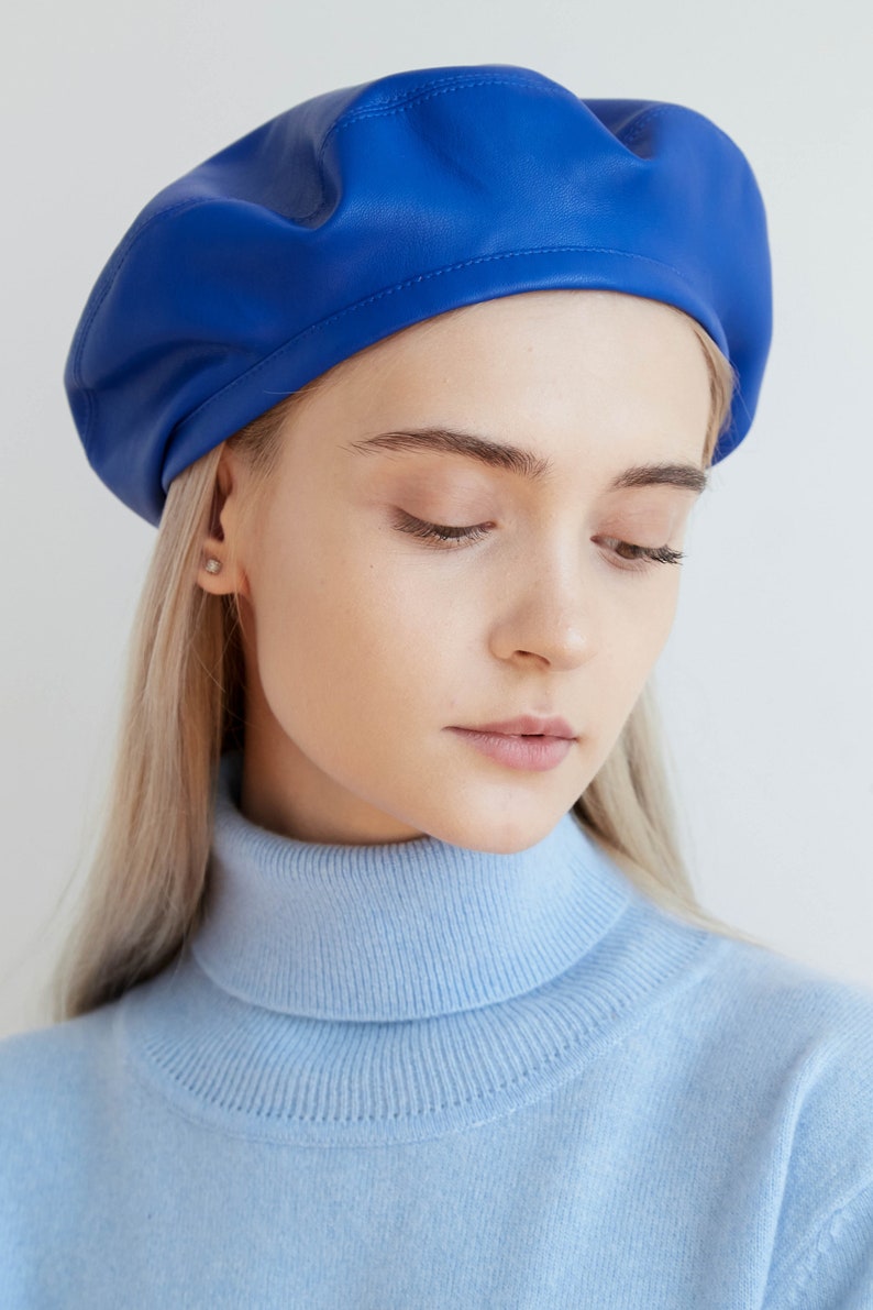 Beret blue leather beret hats for women bright blue royal Etsy