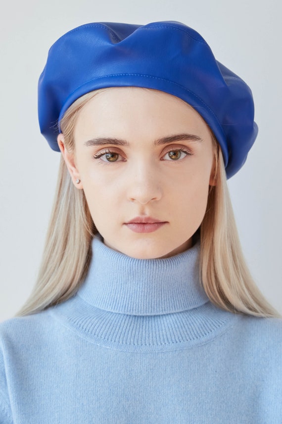 Beret Blue Leather Beret Hats for Women 