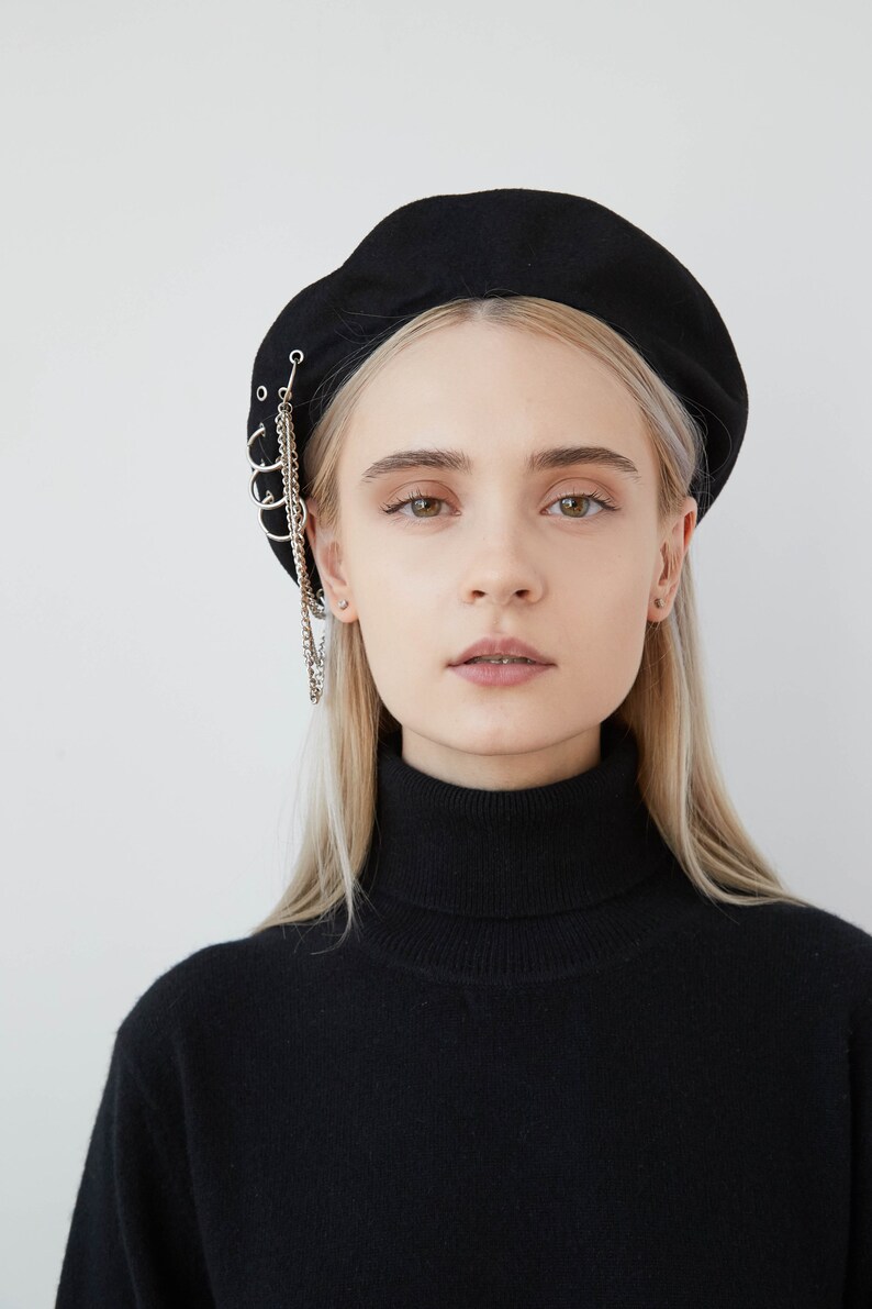 Black Cashmere/leather Beret With Piercings and Chains Edgy Etsy