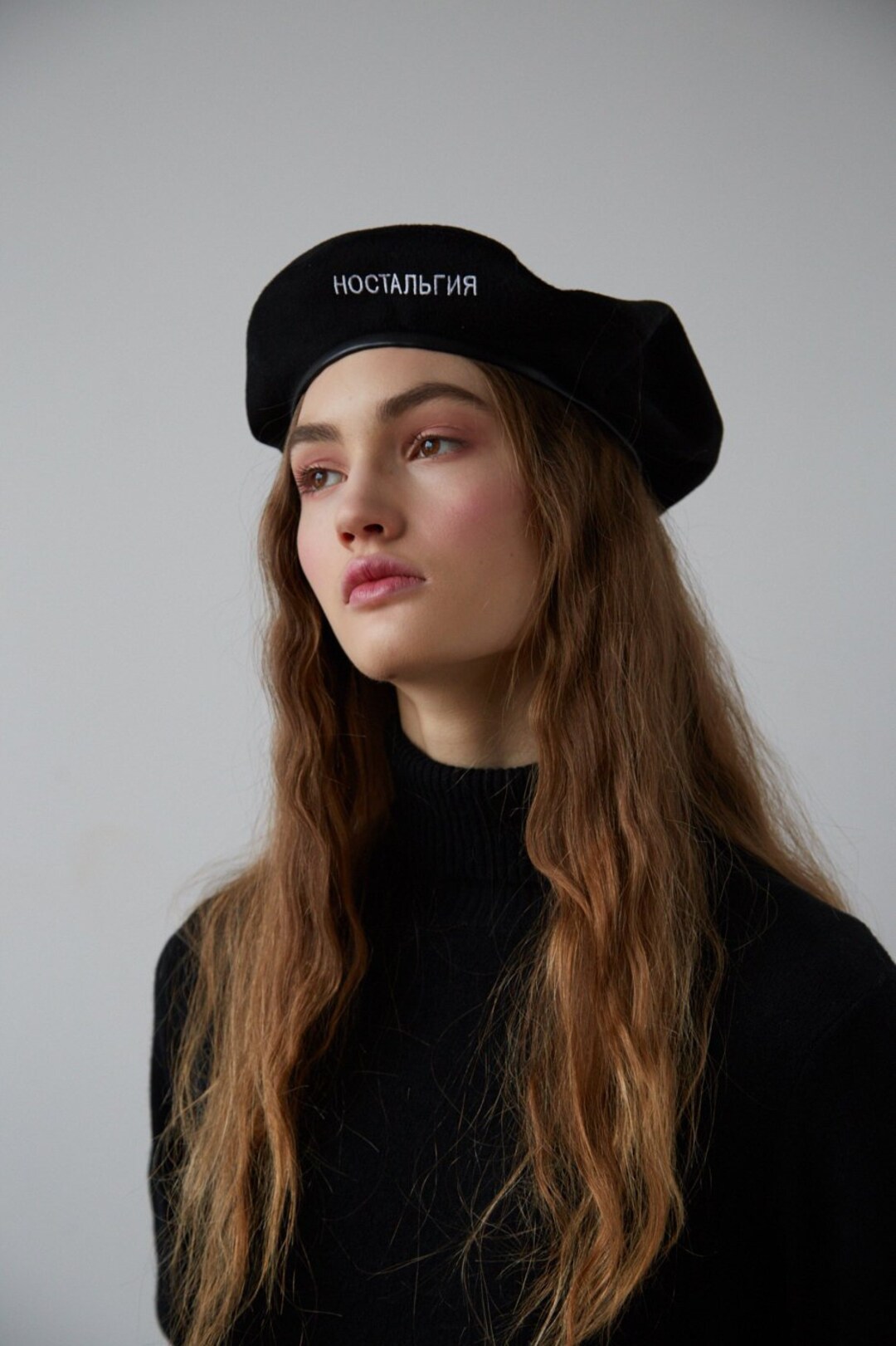 Black Cashmere Beret With Text Embroidery and Faux Leather Etsy