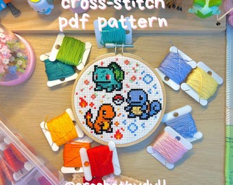 Gen 1 Starter Pokémon-Inspired Cross Stitch Pattern – PDF Download