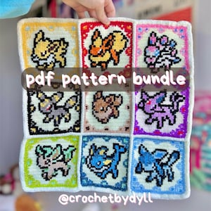 Könnte beinhalten: Ein gehäkeltes Quadrat mit neun bunten Quadraten, jedes mit einem anderen Cartoon-Charakter-Design. Der Text "pdf pattern bundle" ist auf dem Bild überlagert, mit dem Instagram-Handle "@crochetbydll" unten.