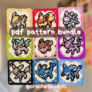 Könnte beinhalten: Eine Sammlung von neun farbenfrohen, quadratischen Häkelmustern mit pixeligen Charakterdesigns. Der Text "pdf pattern bundle" ist auf dem Bild überlagert, mit dem Handle des Erstellers, "@crochetbydll", unten.