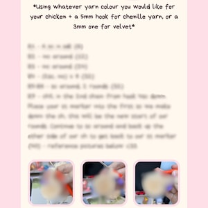 May include: A pink graphic with the text "Stardew chicken body - part 1" and instructions for crocheting a chicken. Includes text about yarn and hook sizes, and three blurred images. The bottom of the graphic has the Instagram handle "crochetbydyll".