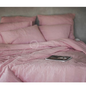 Washed linen bedding set in light rose color_ Stone washed linen duvet Cover & 2 Pillow cases_100% European linen bed set_ European flax image 4